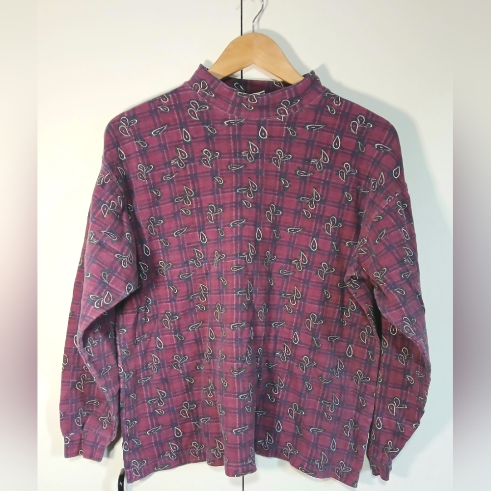 Vintage 90s Northern Reflections Mock Neck Top Medium Burgundy Plaid Paisley
